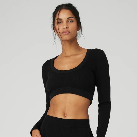 2 ALO Yoga Ribbed Defined Long Sleeve Bra Crop Tops - Picture 1 of 5